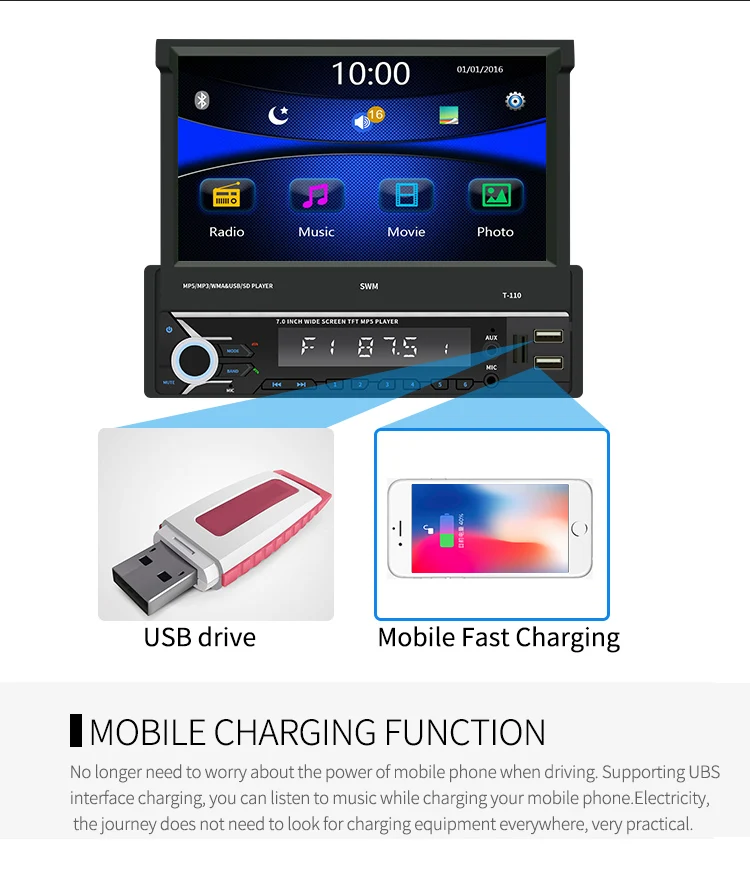 1Din 7 дюймов выдвижной экран AUX USB радио приемник в тире головное устройство Bluetooth автомобильный стерео MP5 плеер