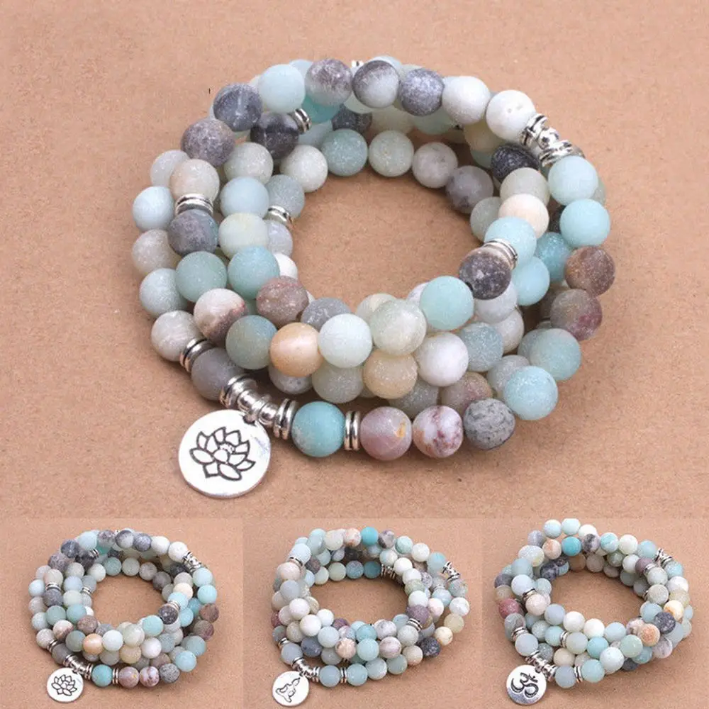 Women's Bracelet Amazonite Prayer Beads Energy with Lotus OM Buddha Yoga Bracelet 108 Mala Meditation Necklace Jewelry Bijoux