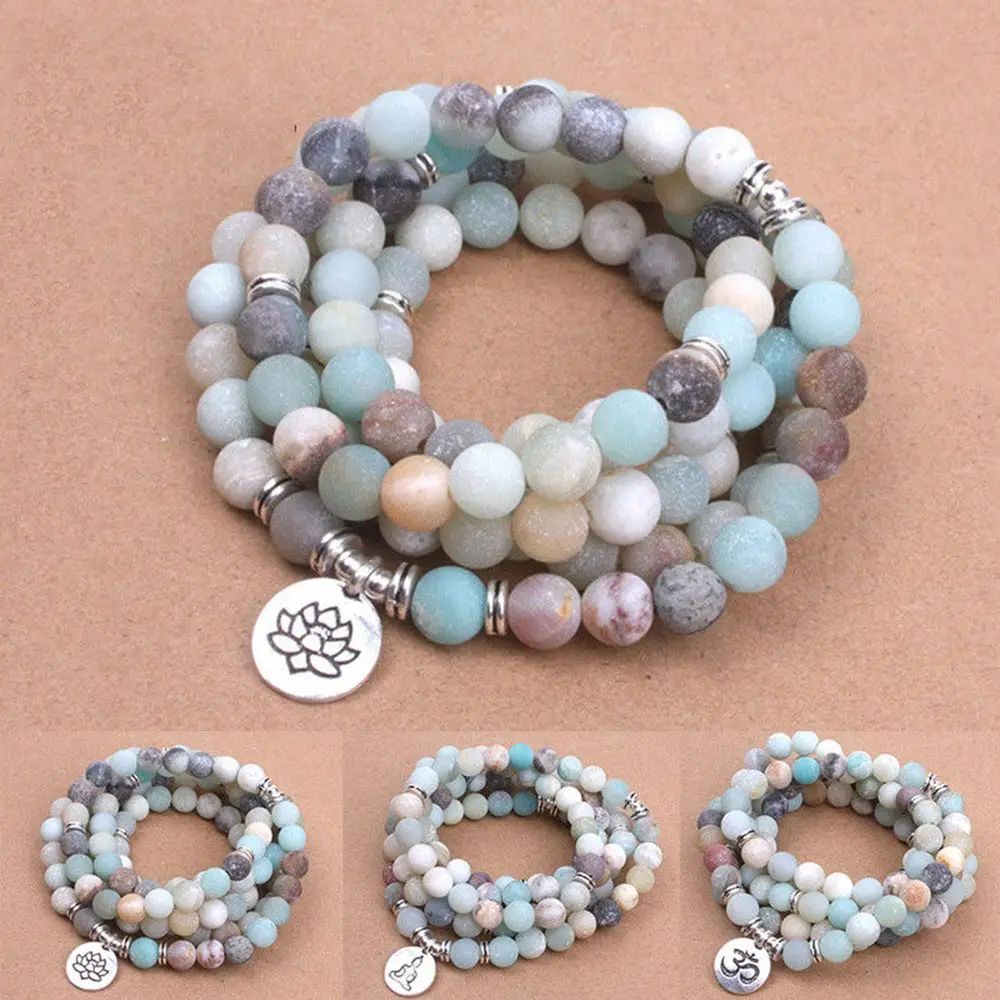 Acheter Bracelet en perles d'amazonite mattes givrées pour femmes, breloque de Yoga avec Lotus OM bouddha, collier Mala, bijoux cadeaux, 108 pas chere