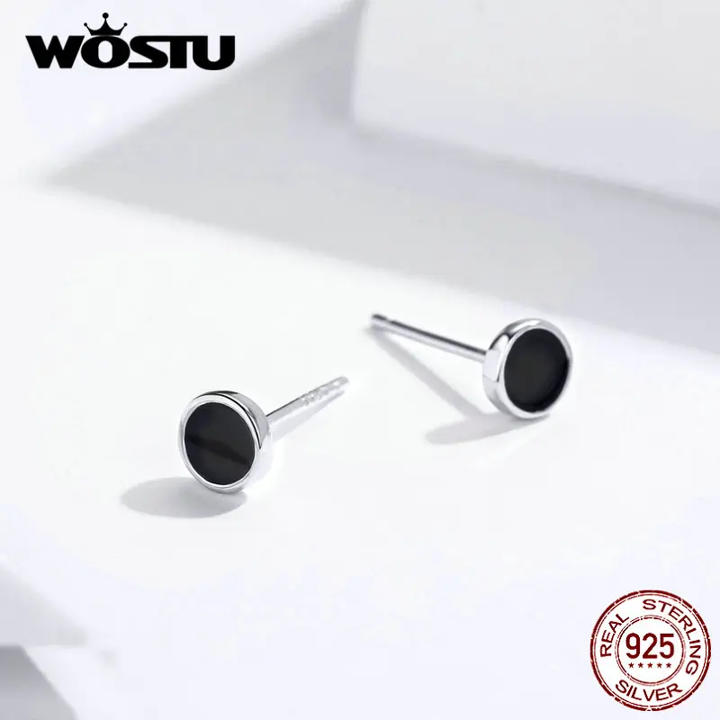 WOSTU, настоящее 925 пробы, Серебряные стильные черные круглые серьги-гвоздики для женщин, свадебные маленькие серьги, модные ювелирные изделия, подарки DXE694