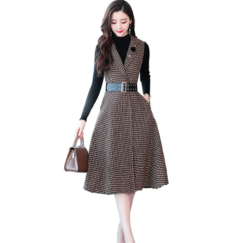 

Women Fashion Wear sweaters Twin suit Herf winter Casual Midi Plaid want knee length Dress Vestidos YM1146