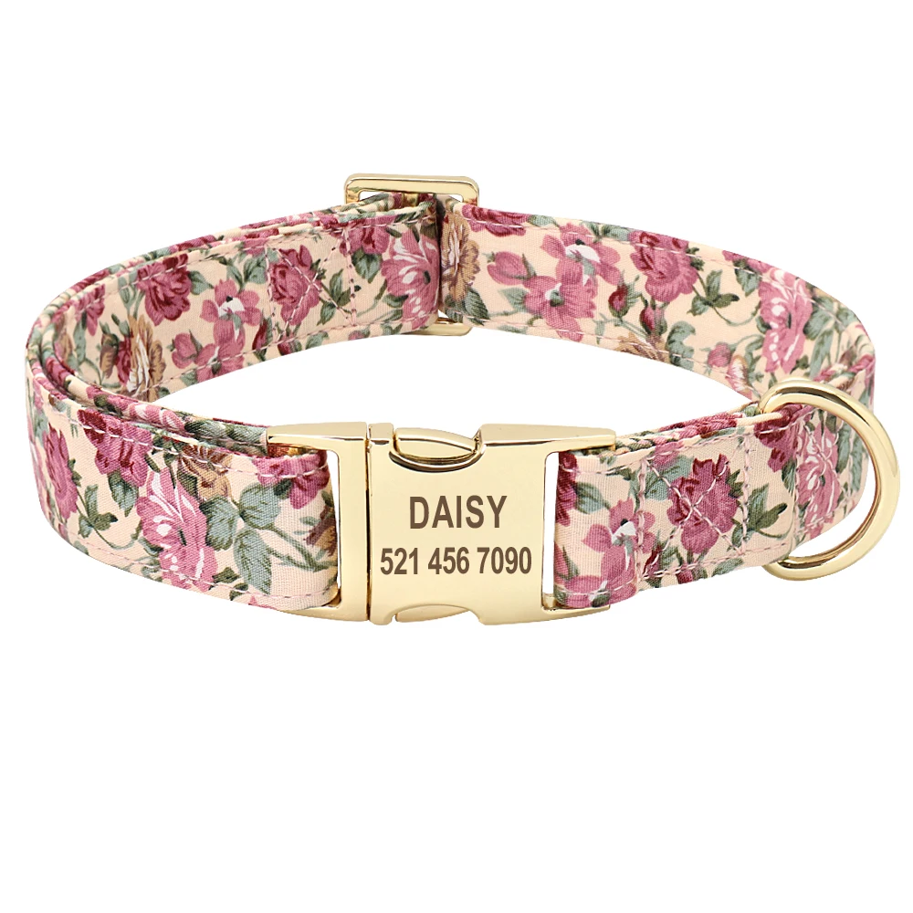 Beige Collar Индивидуальный цветочный ошейник для собак и поводок, набор на заказ для маленьких и средних собак, ошейник для удостоверения личности, ошейник с цветочным принтом для собак, выгравированные ошейники - Цвет: Beige Collar