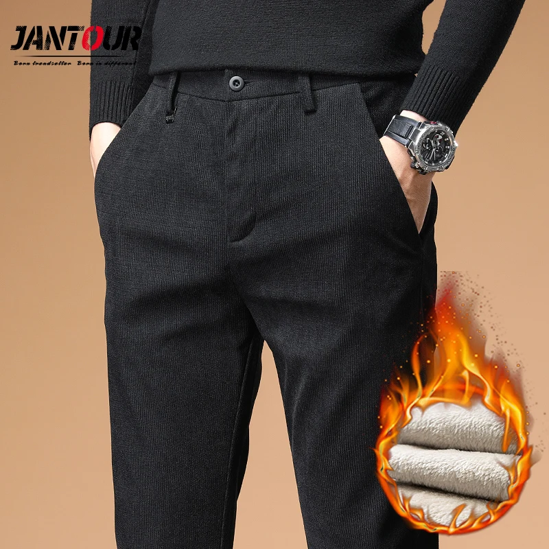 

Brand Winter Men's Fleece warm Corduroy Casual Pants Men Business Fashion Stretch Fit Trousers Male Clothes Big Size 28-40