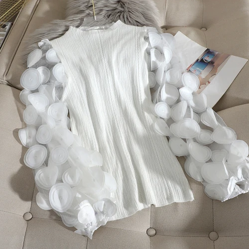 white pullovers Woherb, элегантный тонкий свитер, женский, кружевной, пэтчворк, половина водолазки, длинный, с пышными рукавами, пуловеры, джемперы, корейская мода, новинка 91311 - Цвет: white pullovers