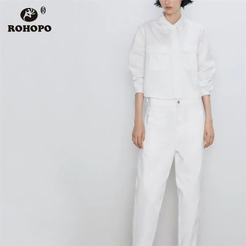 

ROHOPO Long Sleeve Lapel Collar High Low Tie Buckle Cuff Cotton Blouse Front Flaps Pockets Cargo Round Hem Tops Blusa #9899