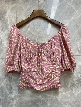 

2020 Spring and Summer New Women's Neckline Drawstring Lace-up Wide Collar Printed Short Sleeve All-Match Short Top 701