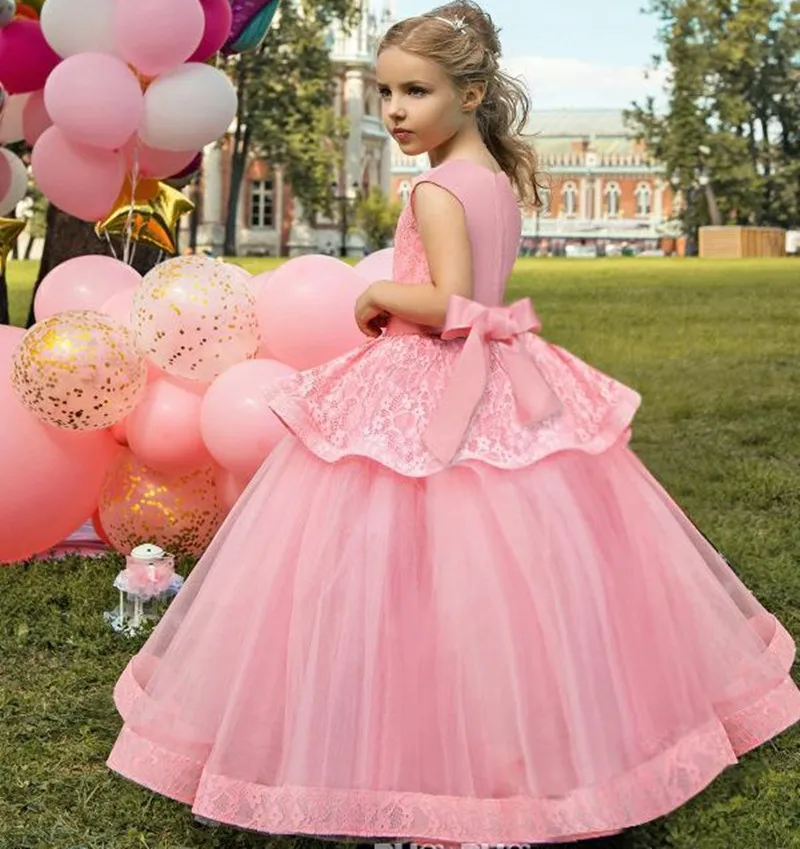 

Short Sleeve Lace Applique Fluffy Tulle Flower Girl Dresses Princess First Holy Communion Prom Party Dresses