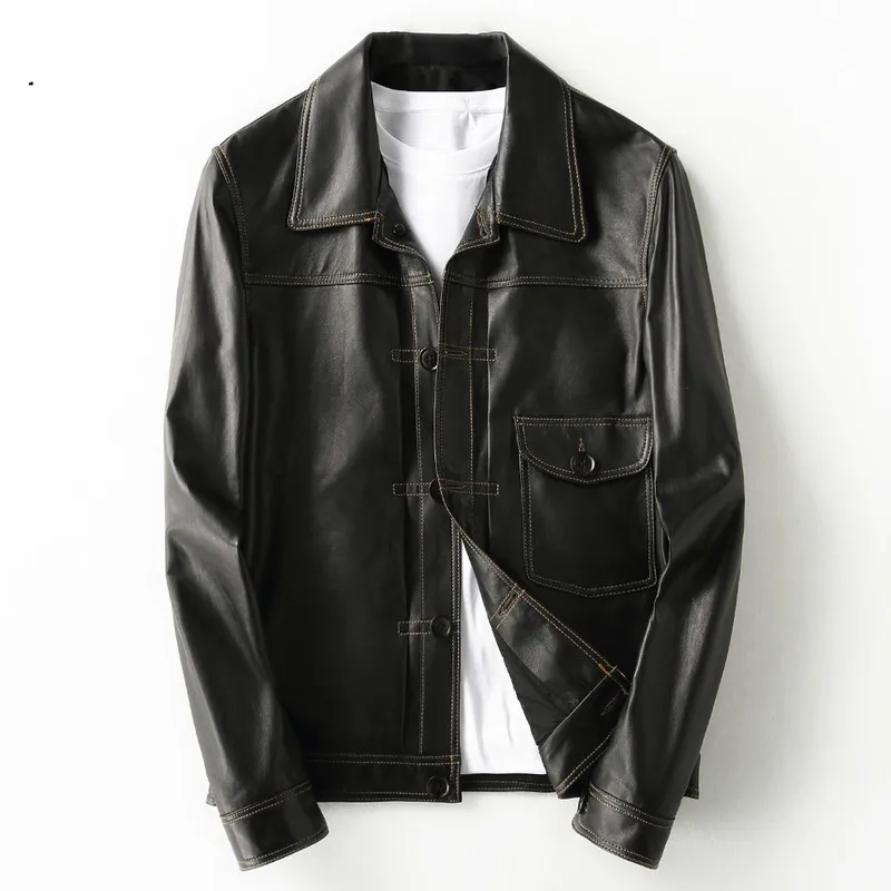 

Genuine Leather Jacket Men Short 100% Sheepskin Coat Men's Leather Jacket Motorcycle Spring Veste Cuir Homme KFS19M013-M KJ2162