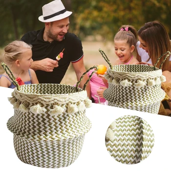 

Boho Woven Seagrass Belly Basket Foldable Plant Pot Basket With Tassels For Laundry Picnic Grocery Toy Bamboo Storage Baskets
