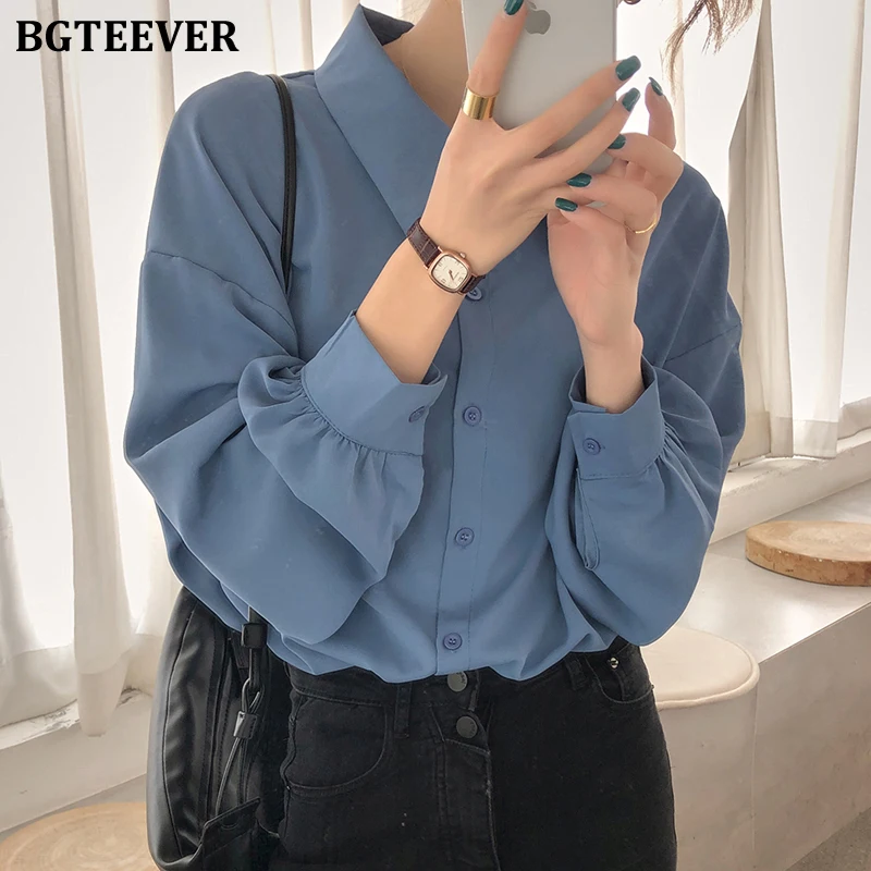 

BGTEEVER Office Ladies Loose Blouses Turn-down Collar Buttons Full Sleeve Female Chiffon Shirts 2020 Women Tops Blusas