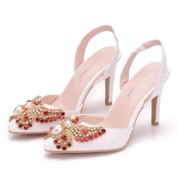 

Large Size Wedding Shoes High Heels Crystal Party Shoes Bow White Prom Dress Shoes Woman Pumps Lady