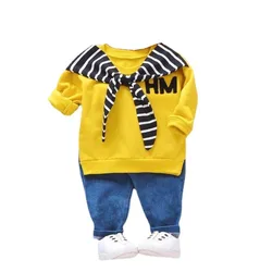 T Shirt et jean en coton pour bébés filles et garçons, tenue de sport décontractée, nouvelle collection automne, 2 pièces/ensemble 