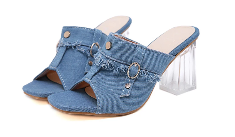 ELVIRAS/новые женские босоножки из джинсовой ткани на Высоком толстом каблуке с открытым носком и кристаллами; женская обувь с пряжкой; Размеры 35-40