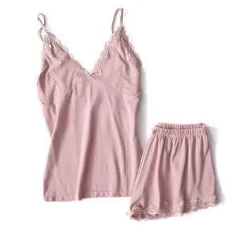 

Women Fashion V Neck Adjustable Spaghetti Strap Summer Lace Elastic Waist Patchwork Nightwear Pajamas Set