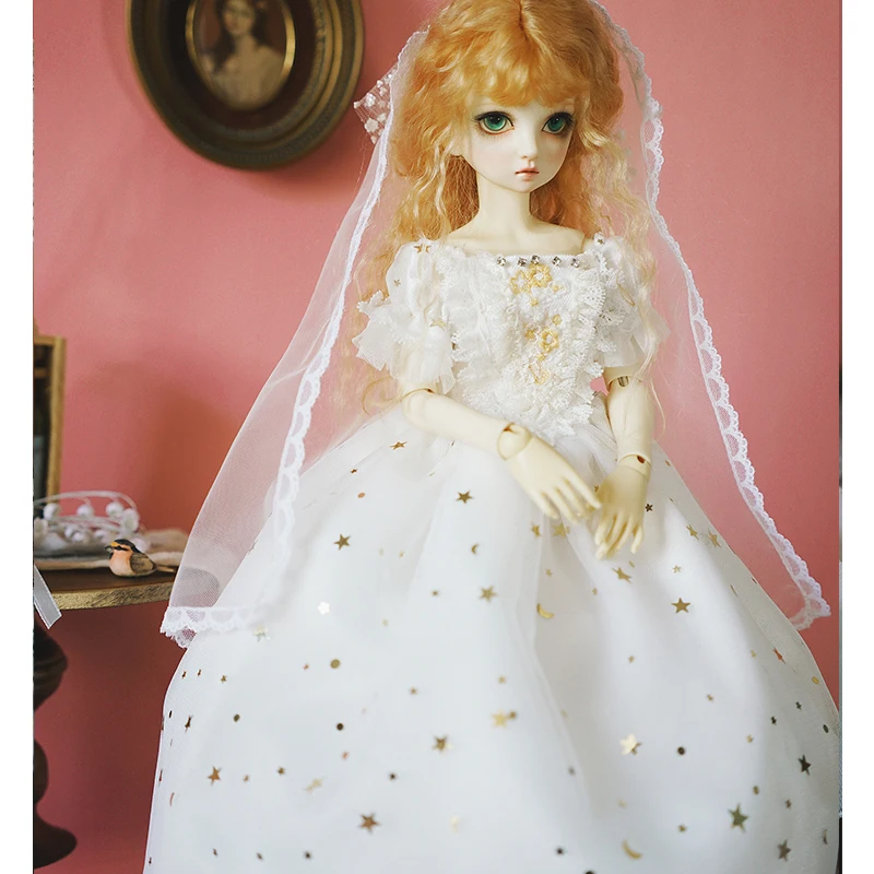 Платье для BJD белое свадебное платье со звездами для 1/6, 1/4, 1/3, BJD, кукольные аксессуары, костюм белое платье+ вуаль+ Носок