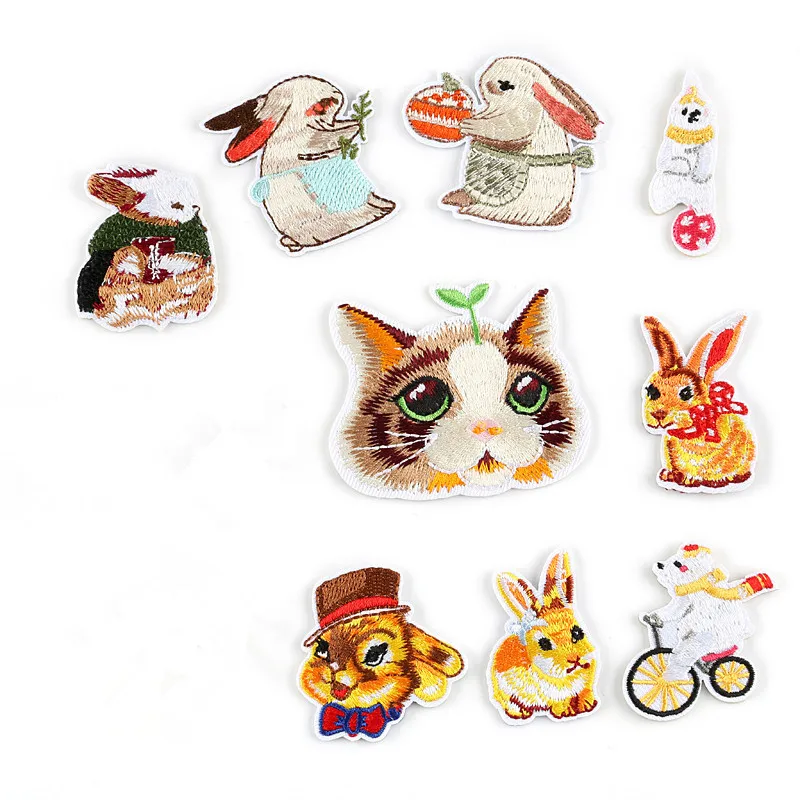 

Cartoon Cats Embroidery Patches for T-shirt Iron on Stripes Clothes Rabbit Stickers Sewing Application Cute Animals Dog Badge @N