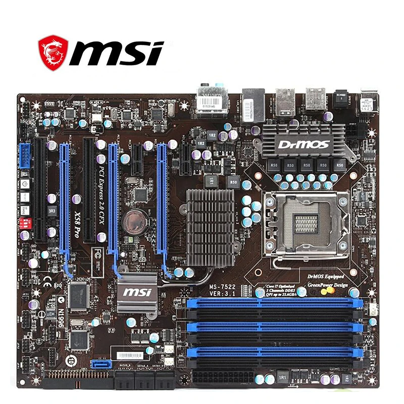 Материнская плата для MSI X58 Pro-E LGA 1366 DDR3 настольного ПК Intel X58A X58M SATA II PCI-E X16 б/у |