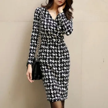 

Spring 2020 new style fashion Korean V-neck slim mid length thousand bird pattern bag bottom dress 8120