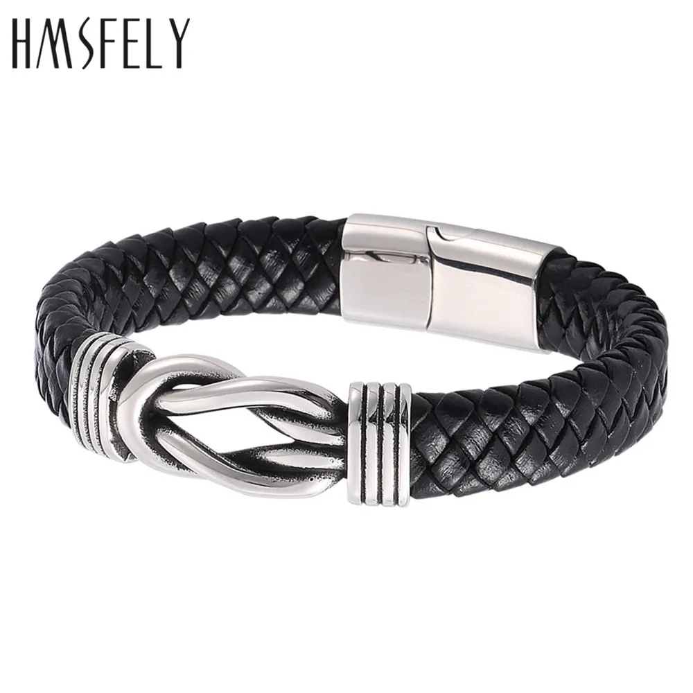 

HMSFELY Retro Black Genuine Wide Braided Leather Bracelet Stainless Steel Infinite Rope Knot Design Bracelets Bangles For Men