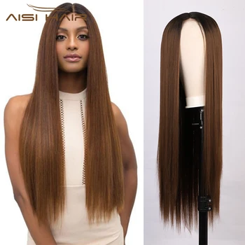 

AISI HAIR 30inches Straight Brown Wig Synthetic Wigs for Women Natural Middle Part Super Long Lace Wig Heat Resistant Fiber