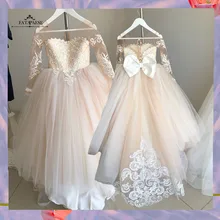 FATAPAESE – robe princesse en Tulle pour filles de 2 à 14 ans, en dentelle, à fleurs, avec nœuds, pour première Communion, robe de bal, pour fête de mariage