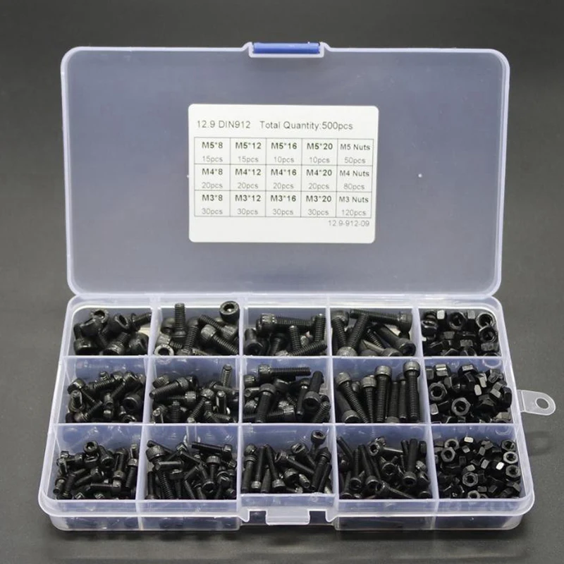 Black Carbon-Steel Cylinder Column Hex Hexagon Screw Set 500Pcs/Set M3/M4/M5 Furniture Fastener Assorted Kit Hex Head Bolt Nuts