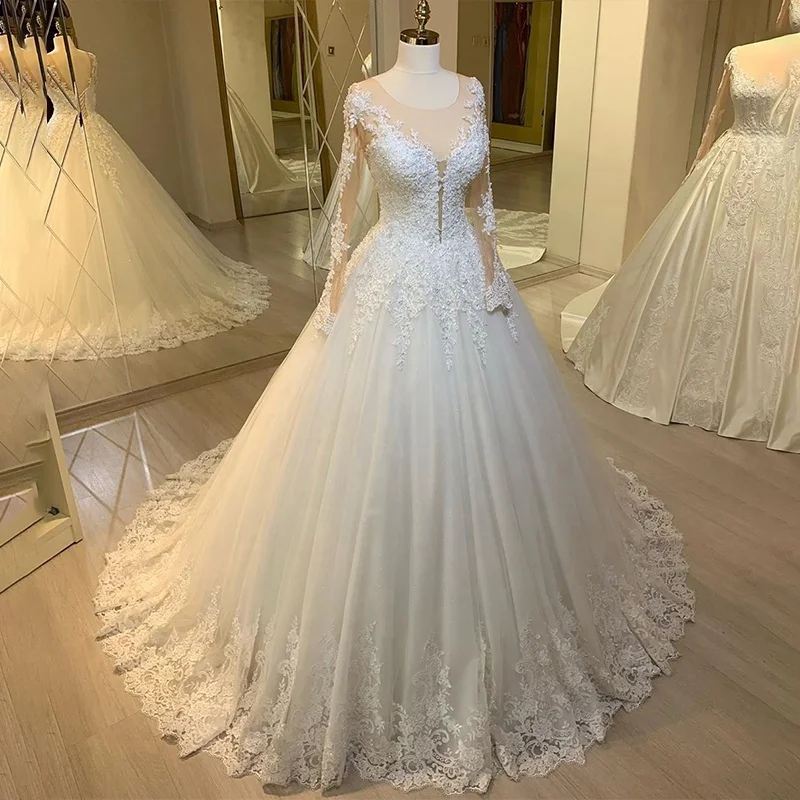 same as picture Винтажное кружевное свадебное платье с аппликацией и длинными рукавами, платья невесты, формальные церковные Свадебные платья - Цвет: same as picture