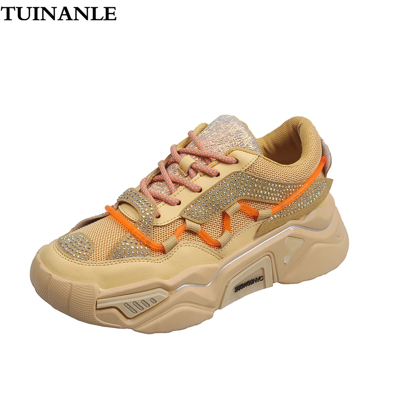 

TUINANLE Platform Sneakers 2020 New Autumn Yellow Wedge Sneakers Rhinestone Bling Shoes Woman Chunky Dad Shoes Zapatos De Mujer
