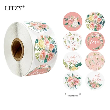

500Pcs Thank You Pink Flower Sticker Roll for Love Oh Baby Sticker Labels for Wedding Party Scrapbooking Envelopes Seal Stickers