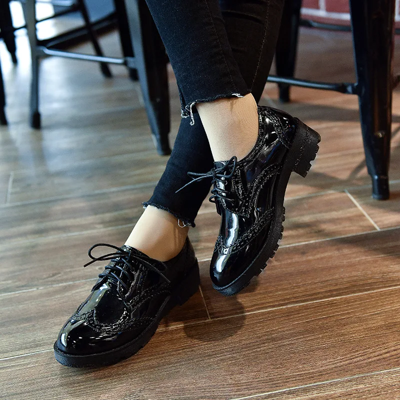 

New Style WOMEN'S Shoes Patent Leather Casual Cloth Locke Varved College Style Going to Work Business Small Leather Shoes WOMEN'