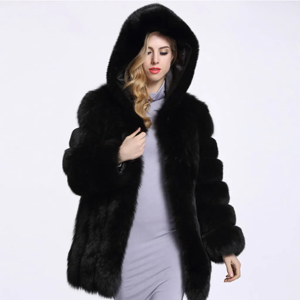 KANCOOLD, модное зимнее женское модное пальто с длинным рукавом из искусственного меха, куртка с открытым передом, пальто с капюшоном, плотное, женское, мягкое и удобное