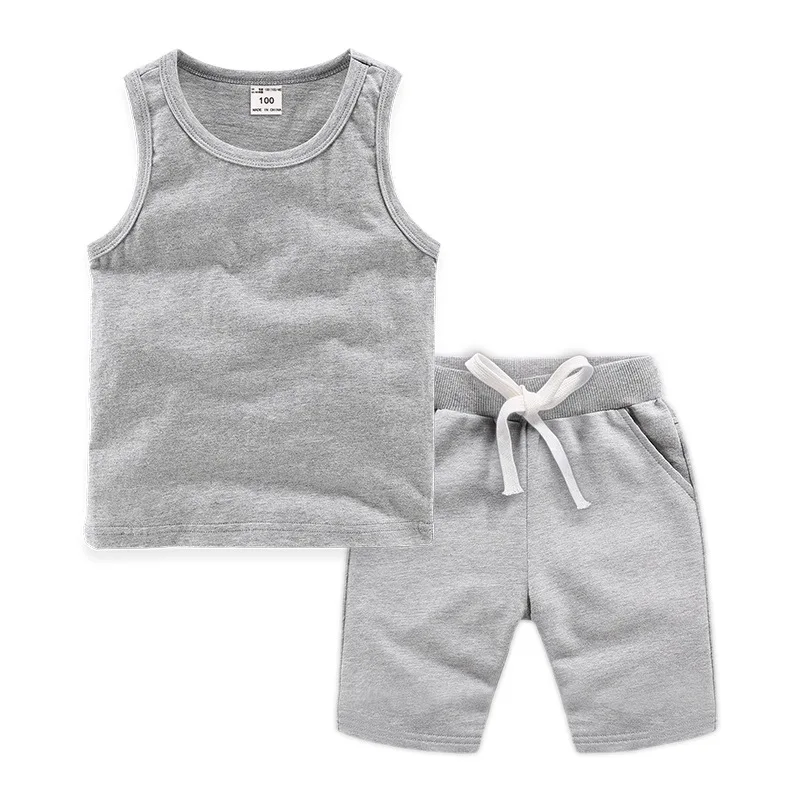 Kids Clothing Set Retail Kids Clothes Toddler Boys Solid Outfits Children Suit Summer Tees Suits Cotton Unisex Vest T-shirt + Shorts 2Pcs/Set 2-12