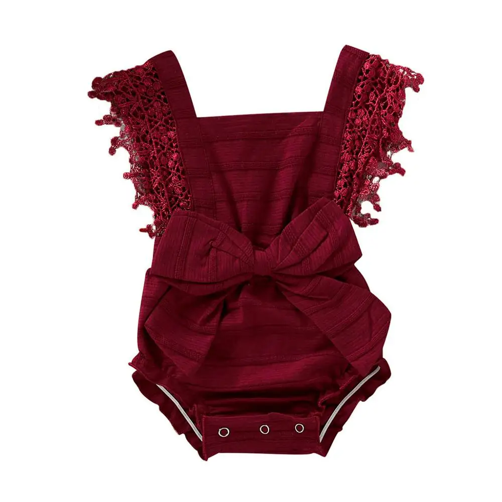 Newborn Infant Baby Girl Boy Solid Lace Bow Romper jumpsuit Clothes Outfits kids clothing baby leotard Onesies Summer Clothes 40 - Color: Wine