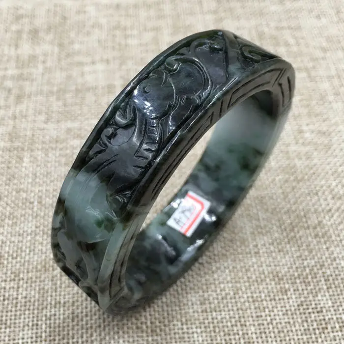 62mm Vintage Chinese Hand-carved Black Green Jadeite Jade Bracelet Bangle 790 | Украшения и аксессуары