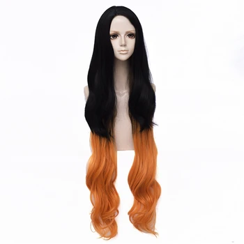 

VICWIG Long Curly Hair Holloween Cosplay Wig Black Gradient Orange Synthetic Wig with Bangs