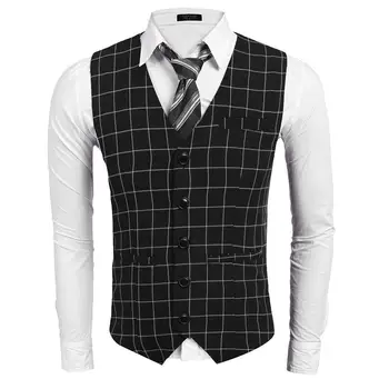 

Men Single-Breasted Button Down Plaid Slim Casual, Fit Business Pockets Spring, Autumn Vest Waistcoat Regular