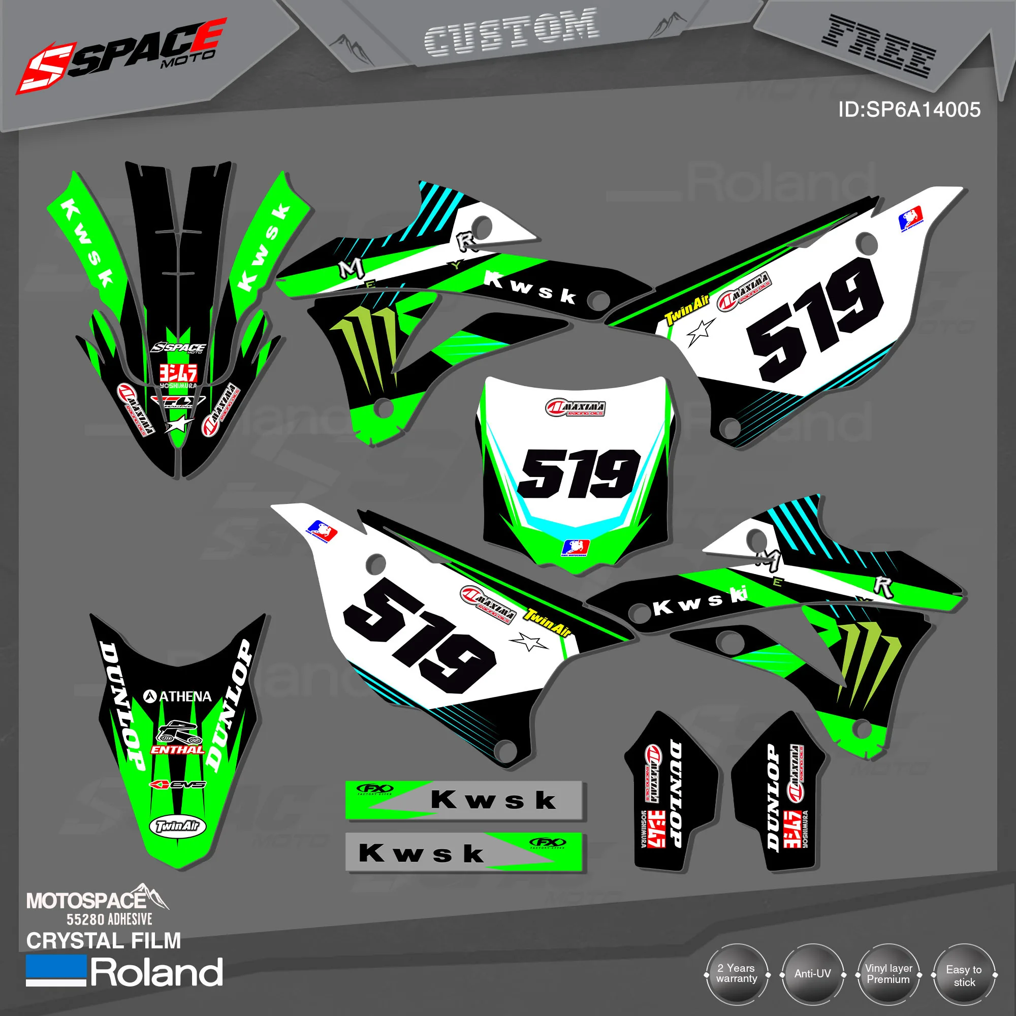 

MotoSpace Custom Team Graphics Backgrounds Decals 3M Stickers Kit For KAWASAKI 2014-19KX85-100 005