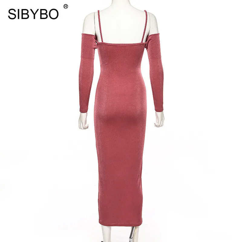 SIBYBO Metal Spaghetti Strap Winter Long Dress Women Off Shoulder Long Sleeve Sexy Bodycon Dress Autumn Backless Party Dress
