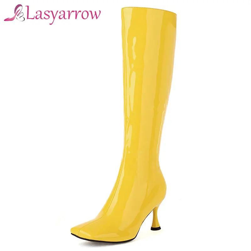 

Lasyarrow Women Knee High Boots Patent PU Leather Candy Colors Ladies Calf Boots Fashion Thin High Heel Square Toe Women Boots