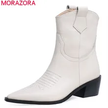 MORAZORA/Новинка года; ковбойские ботинки; женская обувь из натуральной кожи с острым носком без застежки; модные повседневные женские ботильоны на низком каблуке