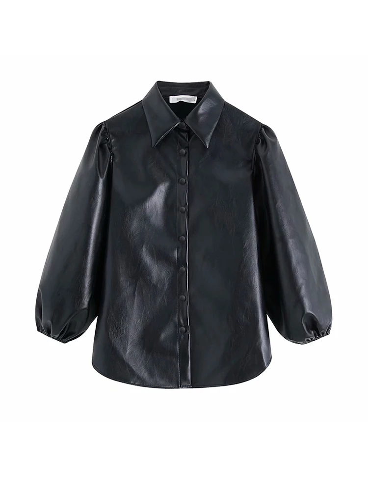 Winter New Vintage Faux Leather Puff Sleeve Womens Tops and Blouses Fashion Nine Quarter Pu All Match Shirts