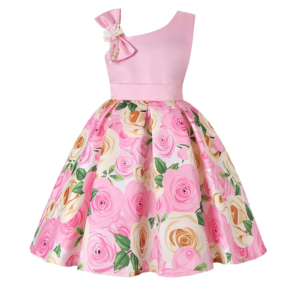 Платья для девочек; платья в полоску с цветочным принтом для девочек; Новогоднее платье принцессы для дня рождения, свадьбы, вечеринки; платье для маленьких девочек; одежда для детей - Цвет: Pink