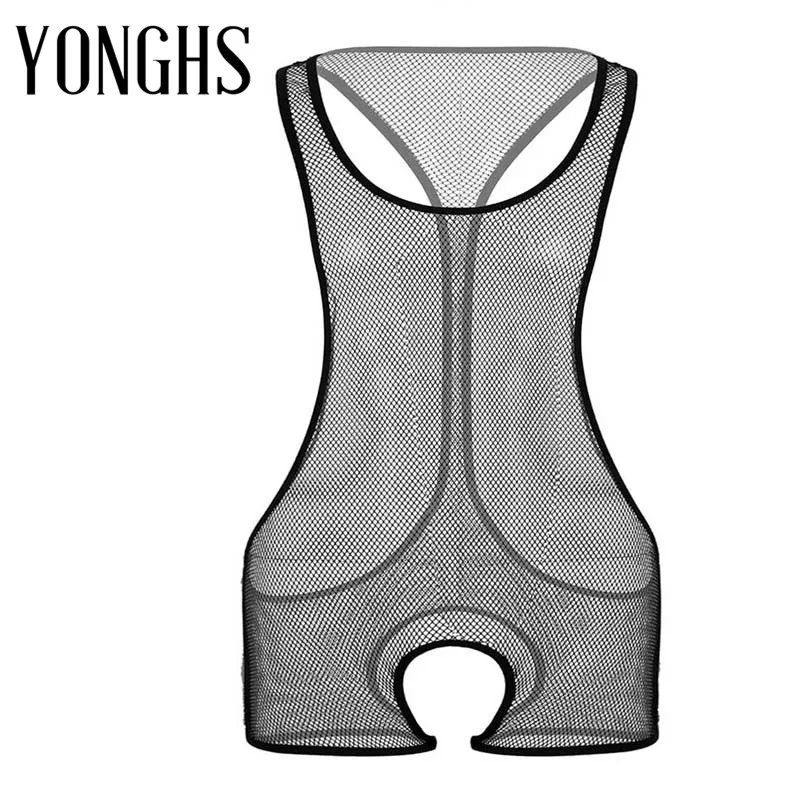 Мужское нижнее белье секс Сетчатое боди Прозрачная без рукавов v образным