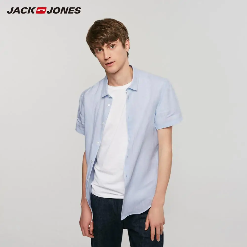 JackJones Men's Casual Slim Fit Pure Color Linen Short-sleeved Style Shirt| 219204519 JackJones Men's Casual Slim Fit Pure Color Linen Short-sleeved Style Shirt| 219204519