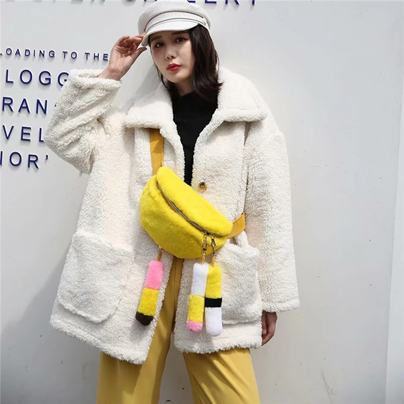 IANLAN Casual Womens Real Rex Rabbit Fur Belt Bag& Fanny Pack Sweet Lady Cute Contrast Color Crossbody Bags IL00556