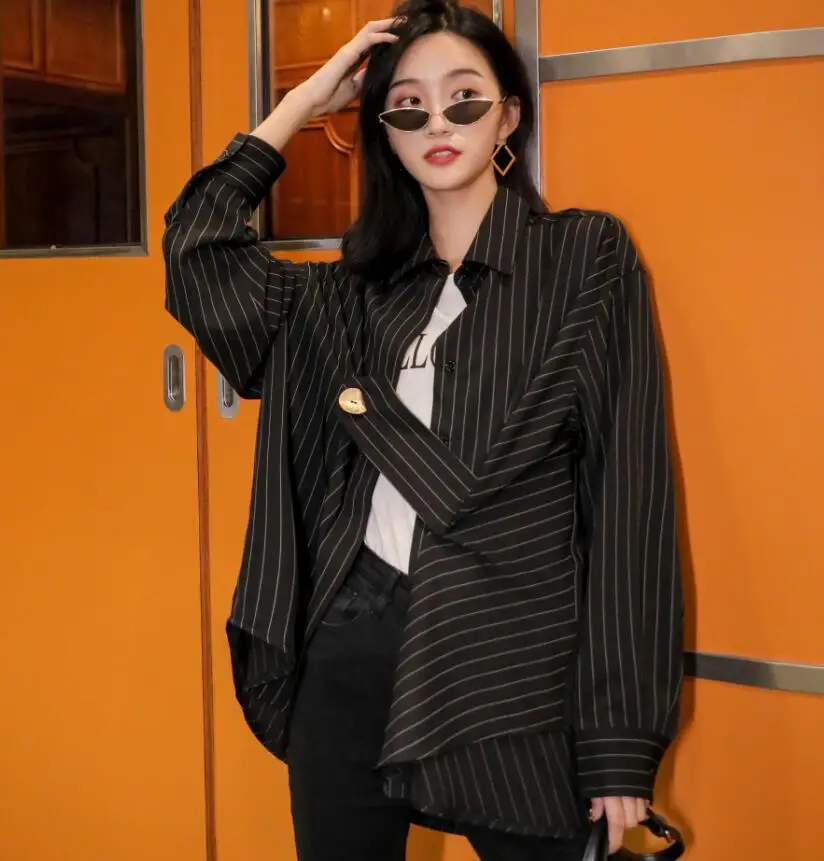Новинка осени 2019 Женская свободная полосатая рубашка дизайнерская женская