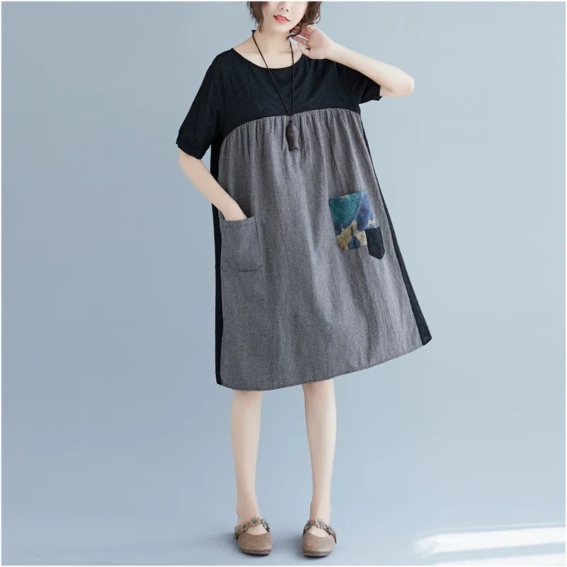 

2019 Summer New Style Cotton Cotton Linen Large Size Dress Joint Contrast Color Shirt Versatile Short-sleeve Dress Women's