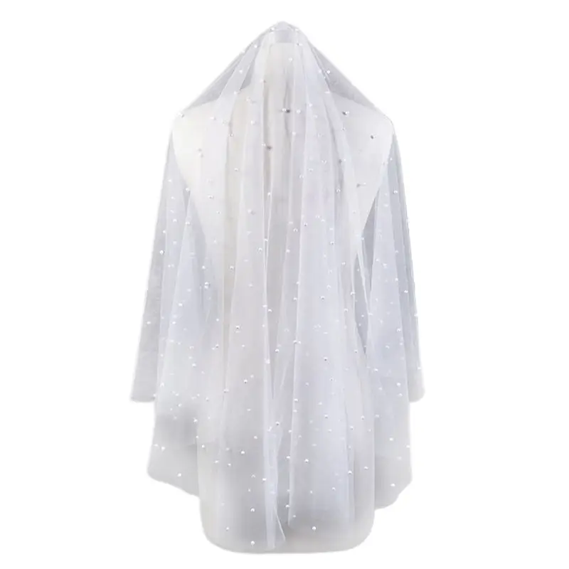 

One-Layer 1.5m Women Soft Mesh Short Wedding Veil Cover Face Imitation Pearl Beaded Embellished Jewelry Bridal Hair Accessories