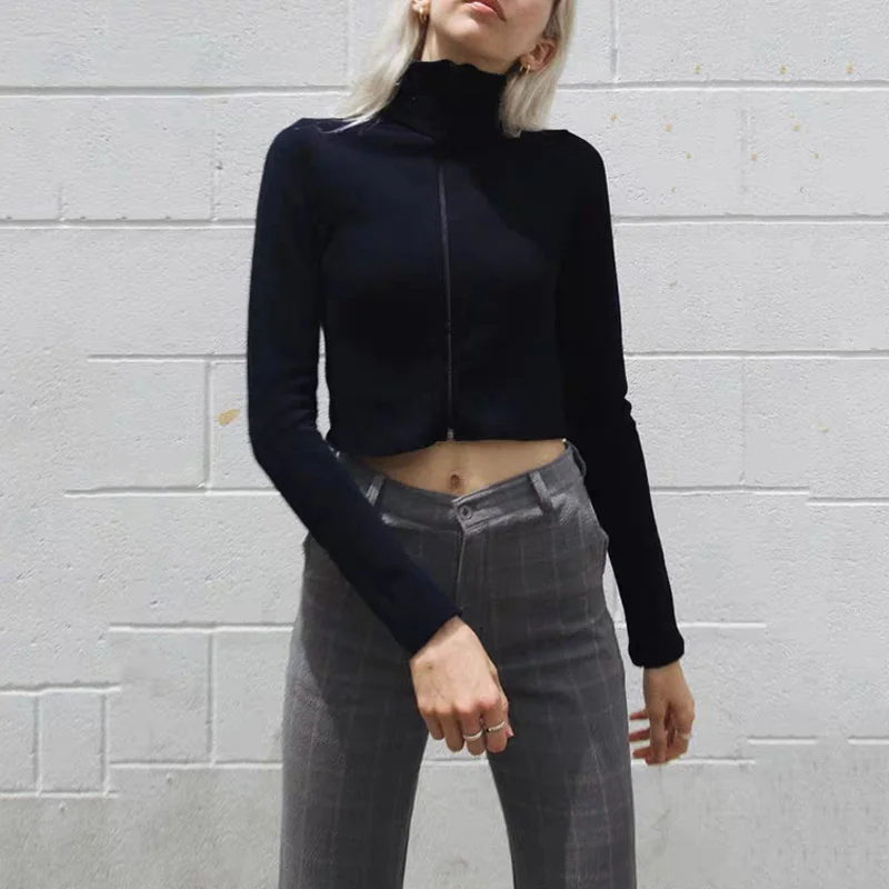 

Black Cropped Hoodies Women Zipper Slim Sexy Jacket Kawaii Ariana Grande Blackpink Pockets Tracksuit Drawstring Crop Tops