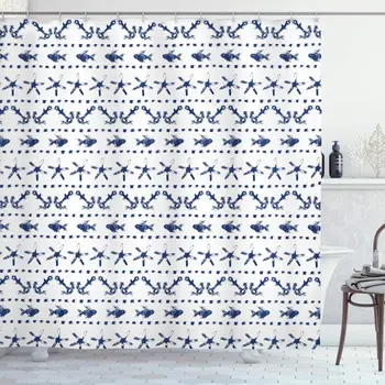 

Navy Blue Shower Curtain Navy Yatch Themed Design with Fish Starfish and Anchor Nautical Marine Print Bathroom Decor Set